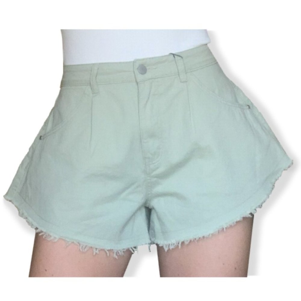 Flared Green Denim Shorts